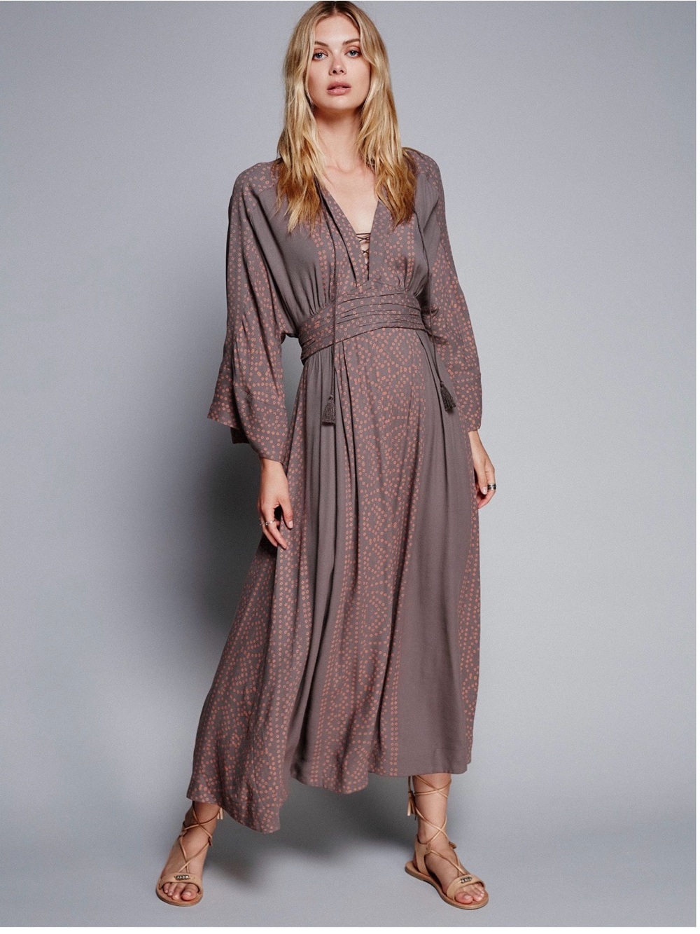 Free People Printed Boho Lace-Up Maxi Dress Size 0